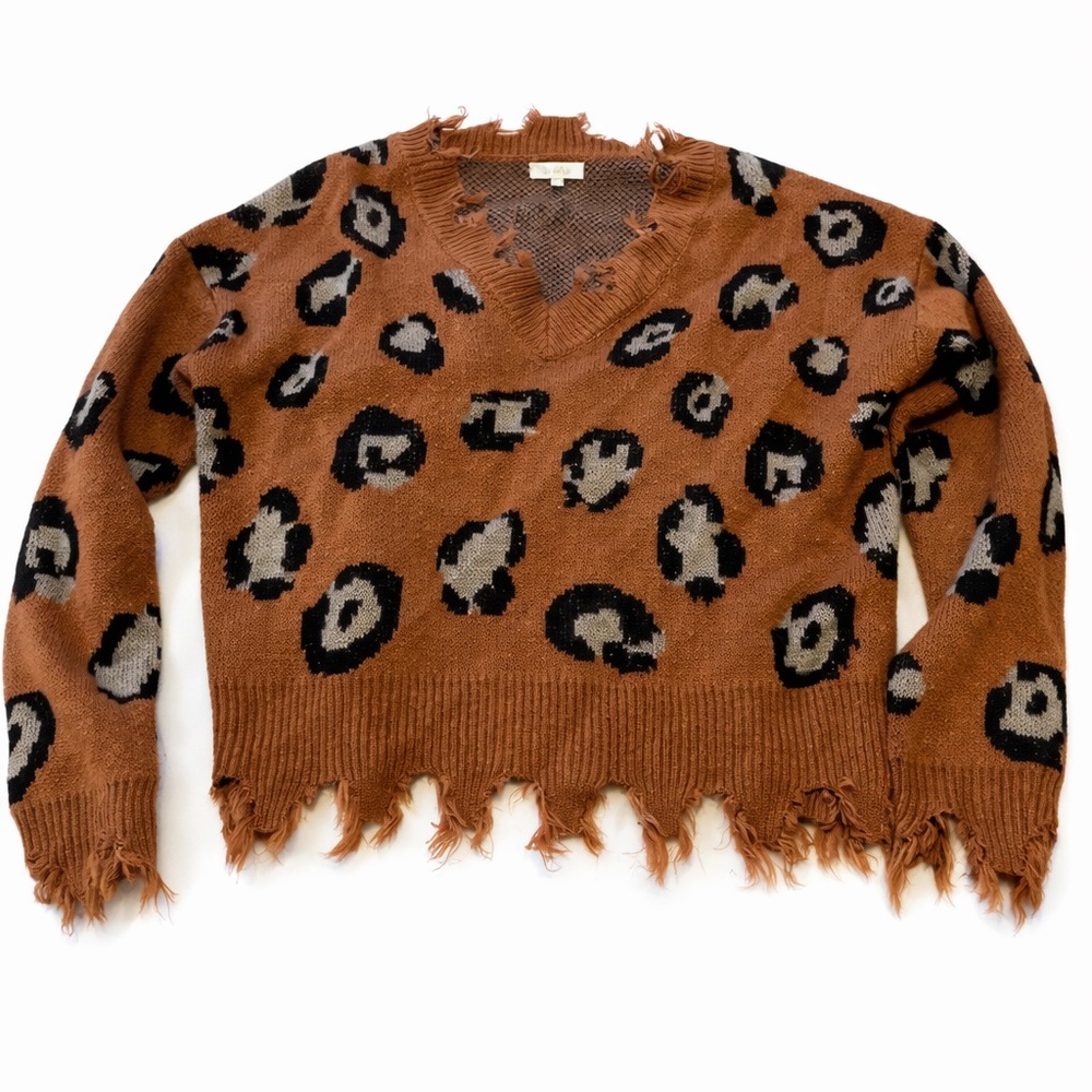 La Miel Leopard Print Frayed Hem Sweater Size Medium